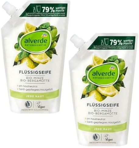 Alverde Flüssigseife Bio-Minze & Bio-Bergamotte Nachfüllbeutel, pH-hautneutral, mit Minz-Extrakt 2x 500ml