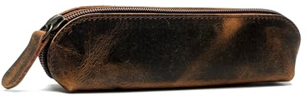 WANDERINGS Estuche pequeño de Cuero Vintage Redondo de 7 / 18 cm, Hecho a Mano, de Cuero de Grano Completo con Cremallera, Estuche Compacto marrón para Artistas, Hombres y Mujeres