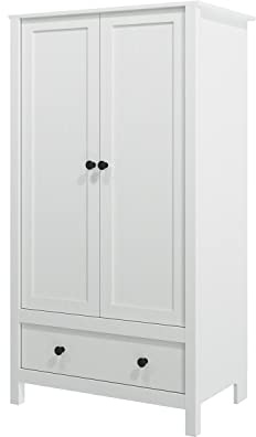 Panana Modern Wooden 2 Doors Wardrobe Double Wardrobe with 1 Storage Drawer Armoires Clothing Storage Cabinet for Bedroom (White)