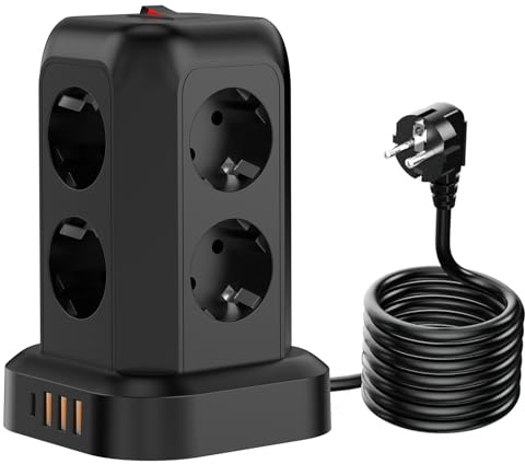 Vopersnake Torre Regletas Vertical con Interruptor, Regleta USB 8 Tomas de AC y 4 USB Enchufe Multiple, Alargador Enchufe, Regletas Enchufe Proteccion Sobretension, Mesa, Oficia, Casa