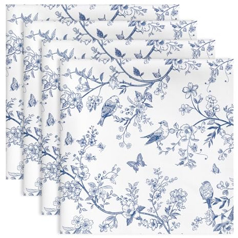 Arquiel Servilletas De Tela Pájaro Chinoiserie Hoja De Cocina, Azul Servilletas De 4 Algodón Suaves Cómodas Lavables Reutilizables para Cenas Familiares Fiestas Bodas Regalo 45x45cm