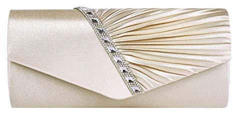 AiSi Damen Satin Clutch Strass Abendtasche mit Kette mini Handtasche für Hochzeit (Beige)