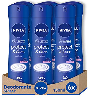 NIVEA Protect & Care Deospray 6 x 150 ml, Antitranspirant Deo ohne Ethylalkohol, duftendes und nicht reizendes Deodorant für effektiven Schutz