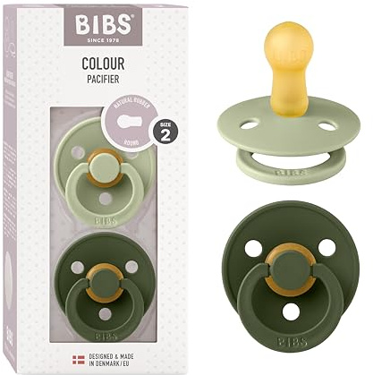 BIBS Colour Soother 2-Pack, BPA Free Dummy Pacifier, Round Nipple. Natural Rubber Latex, Size 2 (6-18 Months), Sage/Hunter Green
