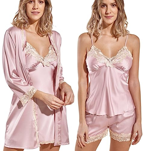 Laura in - Pigiama da Donna in Raso setoso, Tinta Unita, Lingerie Pigiami con Pizzo, Set da 5 Pezzi Robe Accappatoio, Camicie da Notte, Top, Pantaloni, Pantaloncini. RosaM 1103