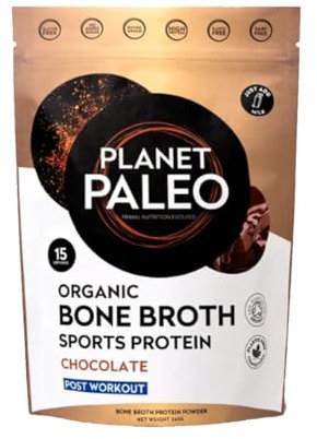 Planet Paleo Organic Bone Broth Protein Powder (240g, 15 Servings) | Chocolate | Organic, Grass Fed, High Protein | Raw Cacao | Tissue Recovery & Fitness | Post-Workout | 14g Per Serving