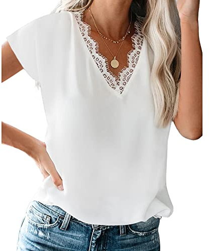 Bipily Femme Chemises en Dentelle à col en V décontracté Manches Courtes V-Neck Lace Blouse-Blanc-M