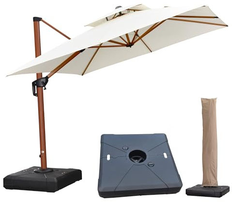 PURPLE LEAF Parasol Déporté 2,7 x 2,7 m Carré avec pied, Aspect du Teck en Aluminium, Parasol de Jardin Extérieur à Toit Double Rotatif 360°, Pour Terrasses, Piscines, Restaurants, Crème