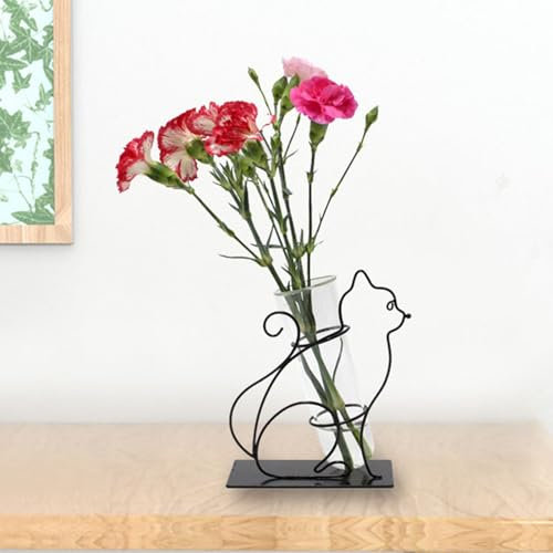 Upriver Metal Frame Vase Cat Metal Frame Glass Test Tube Vase Test Tube Vase for Hydroponic Plant, Small Bud Vase for Home Kitchen Office Table Top Decor
