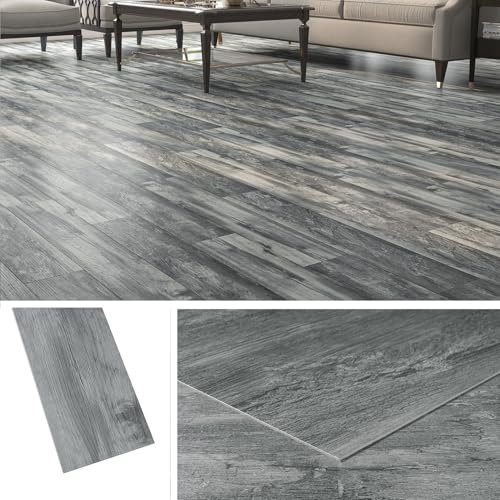 Livelynine Tjockt vinylgolv självhäftande träutseende mörkgrå 90x15CM PVC-golvbeläggning självhäftande med träeffekt grå laminatgolv för kök golvplattor självhäftande badrum träutseende, 18 stycken