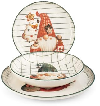 H&H, Servizio tavola 18 pezzi Gnomeville, set tavola natalizio, decoro gnomi, in stoneware, lavabile in lavastovigle