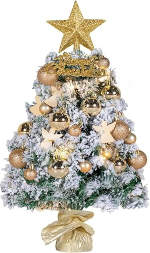 NALONE Mini julgran, bordsbelysning, timer, 24 tum, snöflockning, liten julgran med 27 delar, 90 grenspetsar, bordsjulgran, julgran (guld)