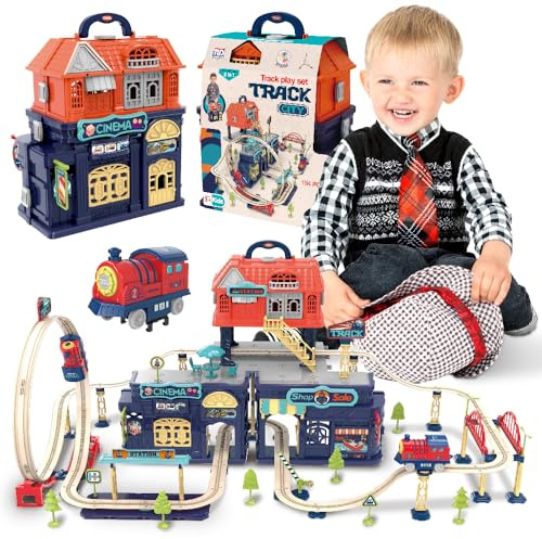 sun baby Circuito con Locomotora eléctrica para niños Desde 3 años - Juguete con Bucle, viaducto, Puente, Barrera, Edificios de estación de ferrocarril, Cine y Tienda