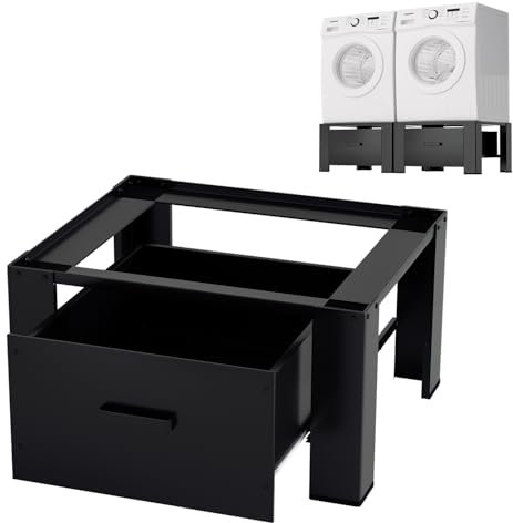 Izrielar Waschmaschinen Untergestell mit Schublade 62.5x54.5x32.5cm, Waschmaschinen-Unterschrank bis 150kg, Waschmaschinenregal, Waschmaschinensockel Schwarz