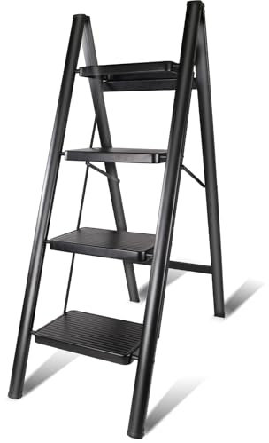 LUKVCIY Escabeau 4 Marches Pliable, Grandes Marches, Petite Échelle Domestique pour La Cuisine 4 Marches, Facile à Utiliser, Capacité Charge 150kg
