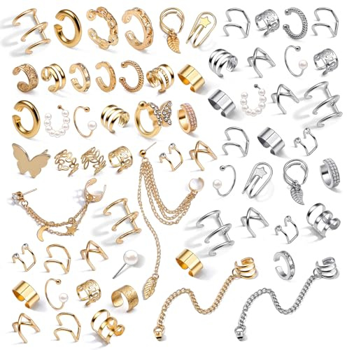 Nogeqi 66 PCS Ear Cuff No Piercing Clip on Earrings for Women Silver and Gold Ear Cuffs Set Adjustable Helix Cartilage Clip Earrings for Daily Casual Wear Without Piercing