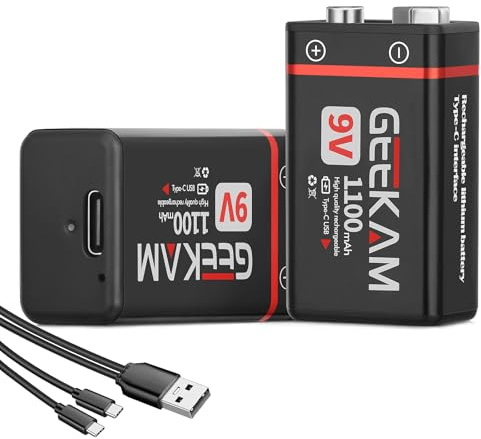 GeeKam Rechargeable 9V Battery, 2 Pack 9 Volt Batteries with 2 in 1 USB Charging Cable for Smoke Alarms, Microphone, Multimeters, Toys, Game Controllers