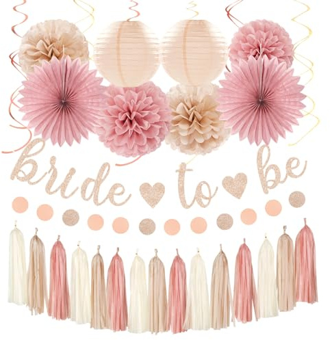 Blush-Pink Rose-Gold Bridal-Shower Fall Party-Decorations - 31pcs Bride To Be Sign Banner,Bachelorette Paper Lanterns,Wedding Streamers Garland,Boho Peach Tissue Pom Poms Fans Decor Supplies Burgleda