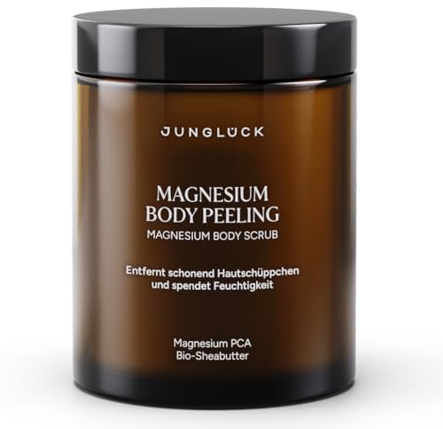 JUNGLÜCK Magnesium Body Peeling - Vegan | Körperpeeling mit Zucker- und Magnesiumkristallen für eine glattere Haut | Für ein geschmeidiges Hautgefühl mit BIO-Mangobutter, BIO-Jojobaöl und BIO-Mandelöl