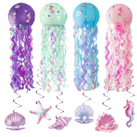 NAHUAA 4 Pièces Lanterne en Papier Méduse Lampion Papier Lanterne à Suspendre avec 6 Guirlande Sirène en Spirale pour Decoration Anniversaire Sirene Fête sous la Mer Le Thème de l'Océan