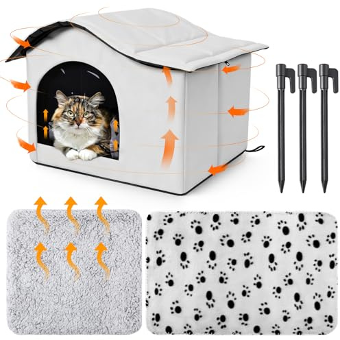SilTriangle Self Heating Outdoor Cat House Weatherproof Insulated Stray Pet Feral Cat House Outdoor for Winter Collapsible Cats Shelter with Self Warming Mat Blanket and Tent Stakes for Feral Cats Dog