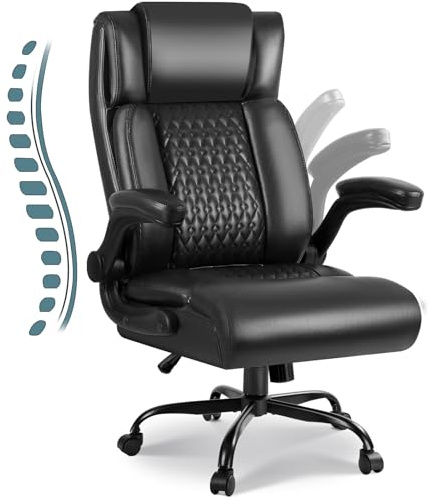 Waleaf Chefsessel PU Leder Bürostuhl Ergonomisch, Schreibtischstuhl mit Hoher Rückenlehne und Wippfunktion, Hochklappbaren Armlehnen, Höhenverstellbar Drehstuhl mit Rollen für Büro, Zuhause, Schwarz