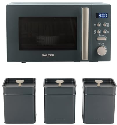 Salter Marino Digital Microwave & Canister Set – 20L Freestanding Solo Microwave Oven with 8 Auto-Cook Functions & 95-Minute Timer, Carbon Steel Tea/Coffee/Sugar Tins, Easy Clean/Store, Blue Grey
