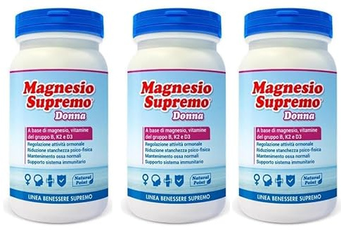Magnesio Supremo DONNA 450 gr totali - Integratore di Magnesio in Polvere con Vitamine B6 B9 B12 D3 K2 - Stanchezza, Sistema Nervoso, Ossa - Senza Glutine e Lattosio, Vegan OK