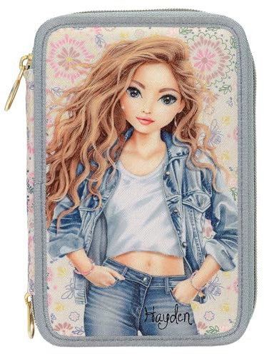 Depesche 14020 TOPModel Festival Fun Filled Pencil Case with 3 Compartments in Dark Blue and Cream with TopModel Motif and Flower Pattern, Pencil Case with Colouring Pencils, Scissors, Ruler and Much