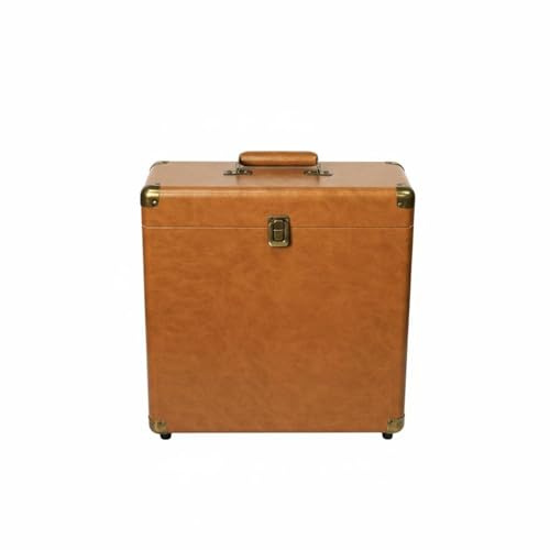 Gralara Estuche para Discos de Vinilo Caja Organizador Maletín Baúl con Interior de Terciopelo y Cierre Metálico Asa Reforzada y Acabado en Piel Sintética, Marrón Oscuro