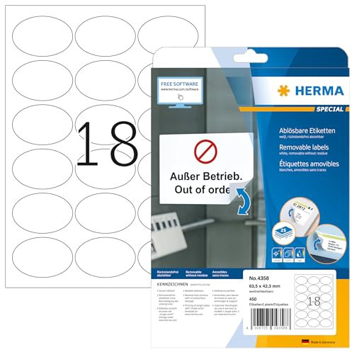 HERMA 4358 Universal Etiketten ablösbar, 25 Blatt, 63,5 x 42,3 mm, 18 pro A4 Bogen, 450 Stück, selbstklebend, bedruckbar, matt, blanko Papier Klebeetiketten Aufkleber, weiß