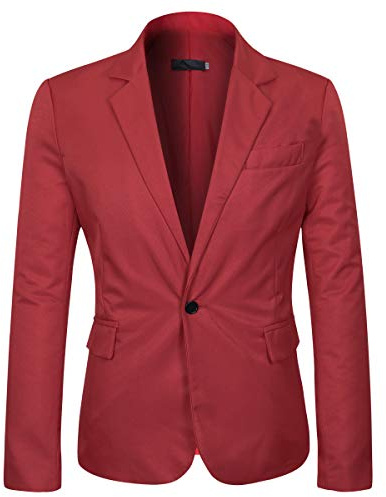Allthemen Mens Casual 1 Button Suit Blazer Solid Color Red XXL