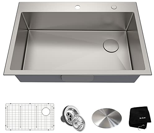 KRAUS 33 Inch Standart PRO™ Drop-In Top Mount 16 Gauge Single Bowl 1-Hole Tight Radius Kitchen Sink Set (5 Item Bundle: Sink, Bottom Grid, Drain Assembly, Drain Cap, Kitchen Towel), KHT410-33