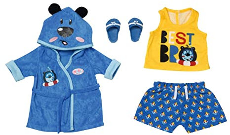 BABY born Bath Deluxe Bademantel 43cm - Puppenkleidung für 43 cm Puppen, Bade-Set in blau gelb bestehend aus Bademantel, Shirt, Shorts und Badelatschen 832011, Zapf Creation