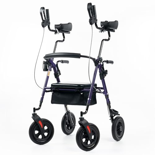 ELENKER All-Terrain Upright Rollator Walker, Stand Up Rolling Walker with 10’’Big PU Wheels and Adjustable Padded Armrests for Seniors from 4’8”to 6'4”, Purple