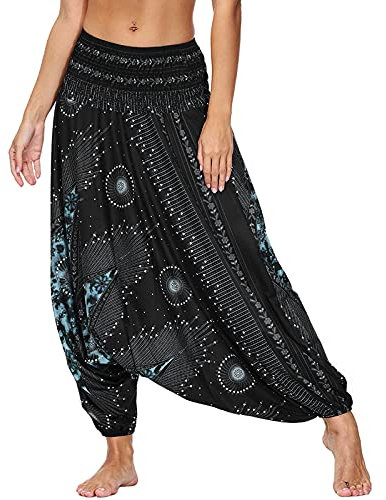 Nuofengkudu Damen Thai Hippie Pumphose Haremshose Aladinhose Gemustert Niedriger Schritt Leicht Luftig Yogahose Sommerhose(B-Schwarz Grün,Eine Größe)