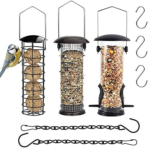 Vogel-Futterspender zum Aufhängen, für Wildvögel, Metall-Vogelfutterstation für Garten, hängende Vogelfutterstation Set + 3 Haken und 2 Ketten zum Aufhängen (8er-Set)