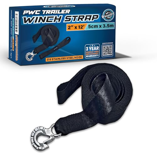 WavesRx 2x12' Jet Ski Trailer Winch Strap with Stainless Steel Hook & Quick Connect Bow Tow Loop | PWC Winch Strap with SS 316 Hook for Safe Retrieval, Launching & Transporting of Personal Watercraft
