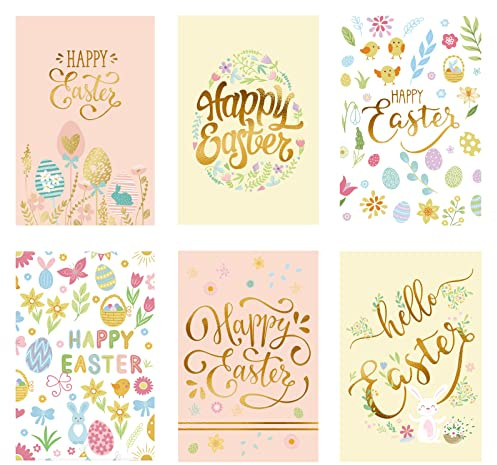 Whaline 36 Pack Happy Easter Cards Kit with Envelope Gold Foil Colorful Greeting Cards in 6 Designs Easter Eggs Flower Blank Note Card for Classroom Exchange Spring Party Supplies, 4'' x 6''