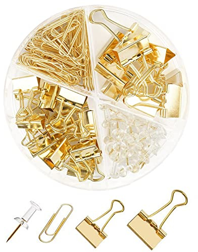 CREECHWA Gold Paper Binder and Clips Set, Metal Assorted Sized Binders with Push Pins, Cute Office Supplies, Teacher Desk Must Haves, Desk Accessories