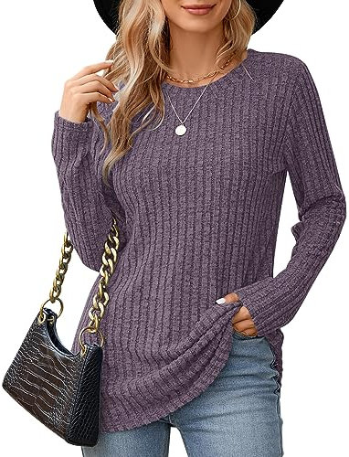 WNEEDU Damen Langarm Tops Leichte Rundhals Sweatshirts Lässige Langarmshirt für Frauen Herbst Strickpullover Winter Sweater Tunika Oberteile Pullover Violett M