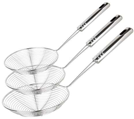 Spindelsil i rostfritt stål kök hålslev sked för stekning solid tråd asiatisk sil med handtag för pasta och nudlar (uppsättning av 3, dia. 4,33 tum/5,91 tum) spindelsil för stekning, kök