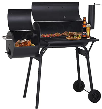 Holzkohlegrill mit Deckel Rädern & Thermometer, Standgrill Tragbar BBQ Grillwagen Smoker mit Aktivbelüftung, Barbecue Grill für Outdoor BBQ, Picknick, Garten, Camping und Party