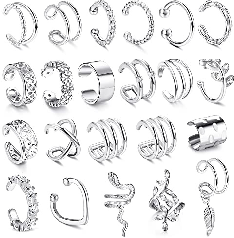 JeweBella 22Pcs Ear Cuff Pendientes Sin Agujero Mujer Ajustables Pendientes Clip Mujer Sin Agujero Pendiente Falso Pendientes Clip de Cartílago Pendientes de Oreja Oro/Plata/Oro Rosa/Negro