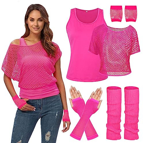 WILDPARTY 80er 90er Jahre Outfit Damen, Netzshirt, Tank top, Beinwärmer, Netzhandschuhe, Kostüm 80er Jahre Netzoberteil Damen Tops Neon Shirt 80s Aerobic Outfit Kleidung Mottoparty Clothes