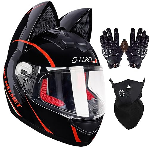 Casco Integrale Da Moto Casco Integrale Modulare Orecchie Da Gatto Orecchie Da Pipistrello Casco Da Moto Con Visiera Nera Per Donna Stile Retrò Certificazione ECE 27,S 50-53 CM