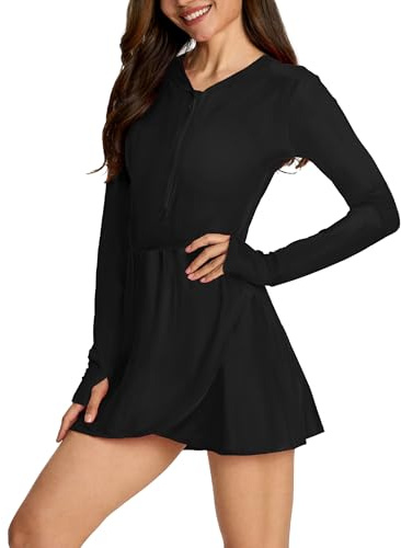 Cagola Womens Long Sleeve Swimsuits UPF 50+ One Piece Rash Guard Bathing Suit with Skirts Ladies Swimming Burkini Over 50 Black XL