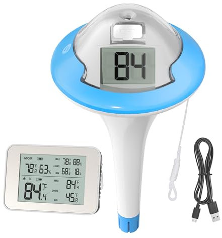 BALDR Pool Thermometer Funk, Wiederaufladbares Poolthermometer schwimmend mit zwei Digital Bildschirmen und großen Ziffern für Schwimmbecken, Whirlpool, heiße Quelle, Aquarium (Blau)