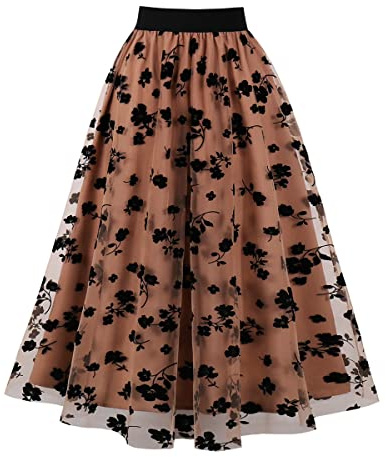 Odizli Rockabilly, gonna in tulle da donna, stile vintage, elasticizzata, a vita alta, con stampa a cuore, linea A, cachi, M