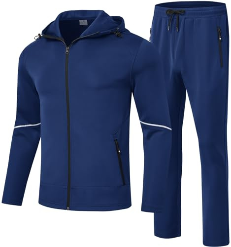 Rdruko Tuta da uomo a contrasto, con cerniera intera, giacca sportiva casual, coulisse in vita elasticizzata, 2 pezzi con tasche con cerniera, Blu zaffiro, S
